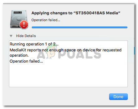 mac os disk utility media kit reports not enough space on device for requested operation